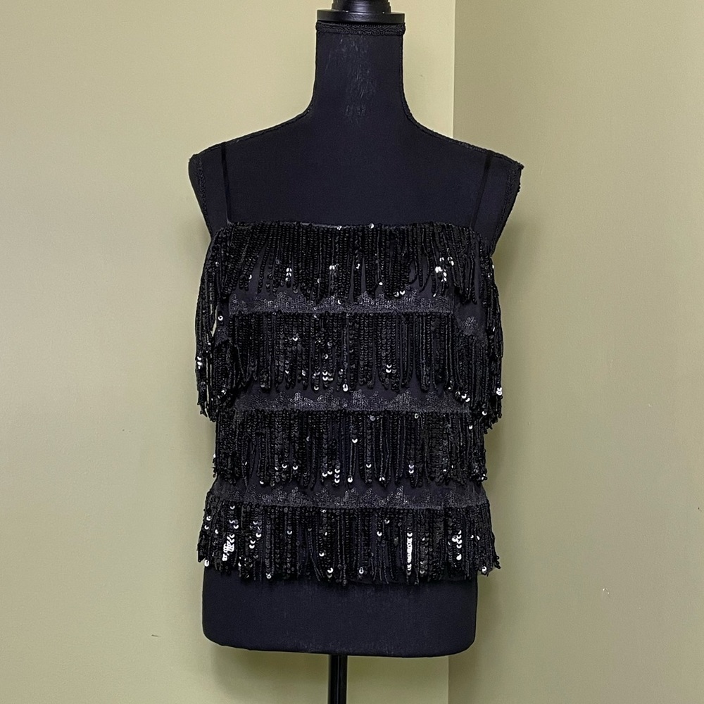 Aidan by Aidan Mattox Black Sequin Fringe Top